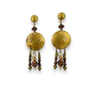 Bronze Gold Tone Tribal Style Beaded Dangle Hammered Metal Artisan Earrings